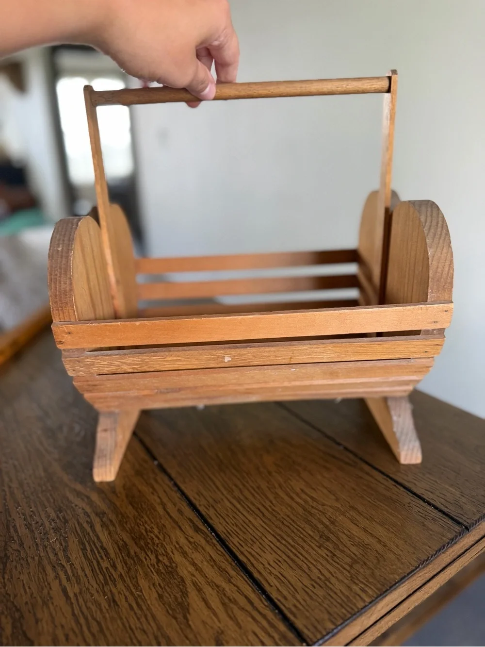 Vintage Wooden Heart Slat Basket Caddy Handle Blue Folk Art Stencil Cottagecore